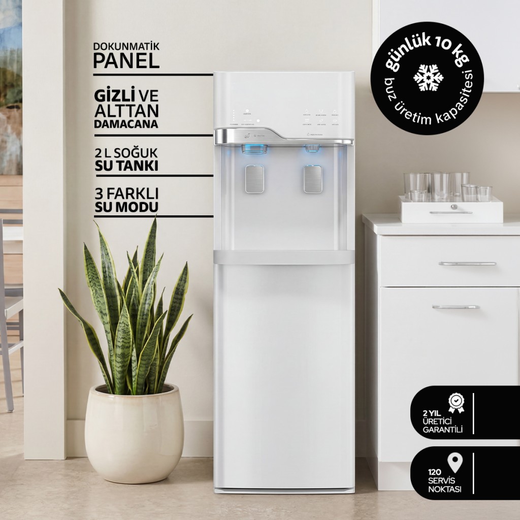 AQUAMARA Dokunmatik Su Sebili – Buz Makinalı, Gizli Damacana, Çocuk Kilidi, ECO Mod