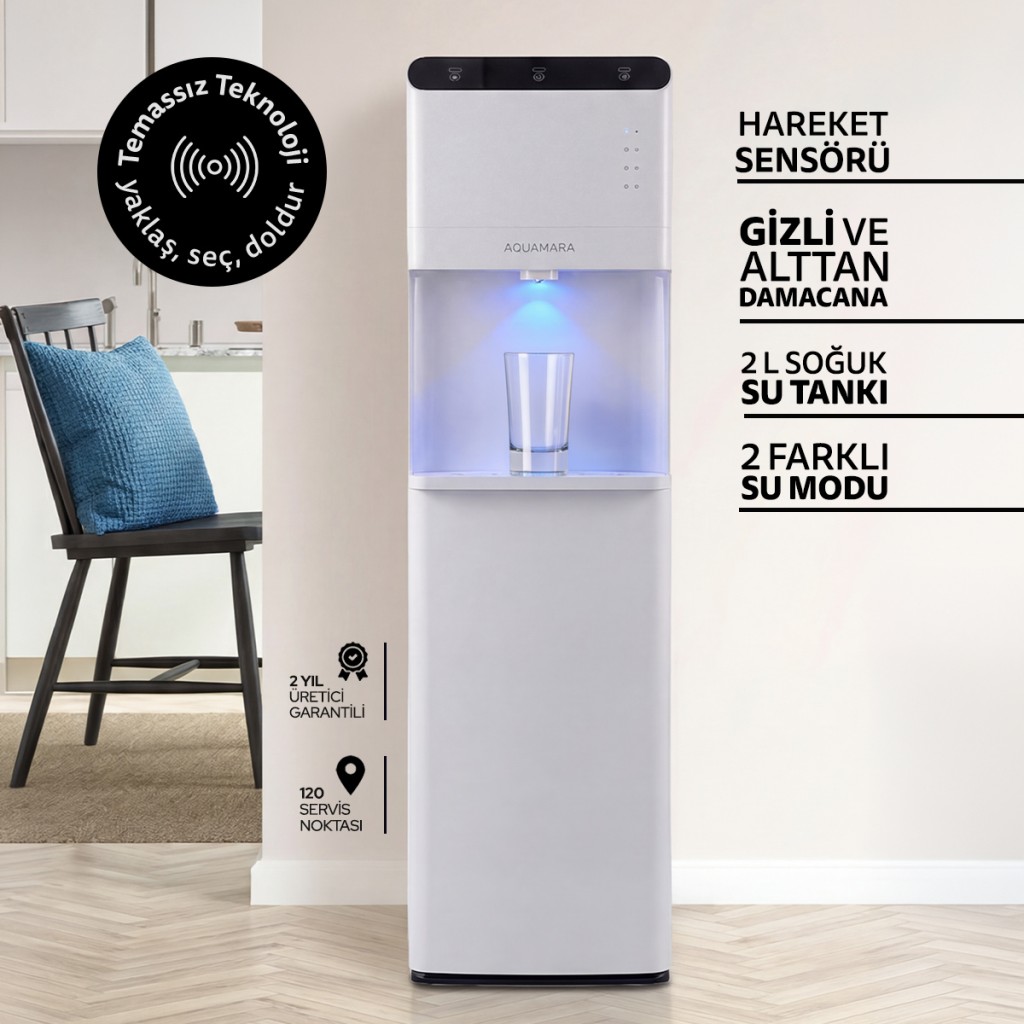 AQUAMARA Hareket Sensörlü, Dokunmatik Su Sebili – Gizli Damacana, Sessiz Çalışma, Enerji Tasarruflu